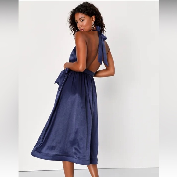 NWT Lulus Effortless Grace Navy Blue Organza Halter Midi Dress size L - Picture 3 of 4
